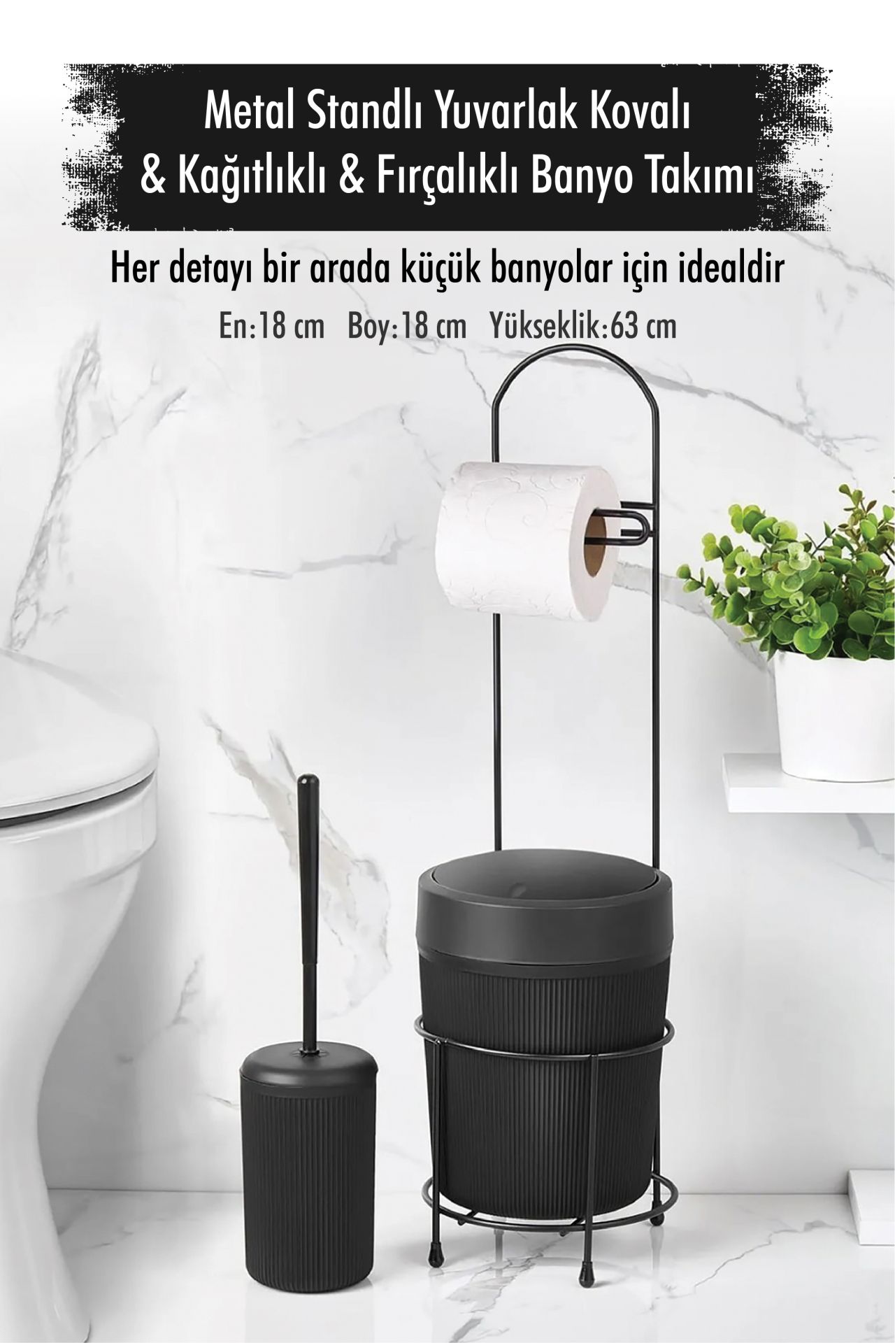 Metal Standlı Yuvarlak Kovalı & Kağıtlıklı & Fırçalıklı Siyah Banyo Takımı